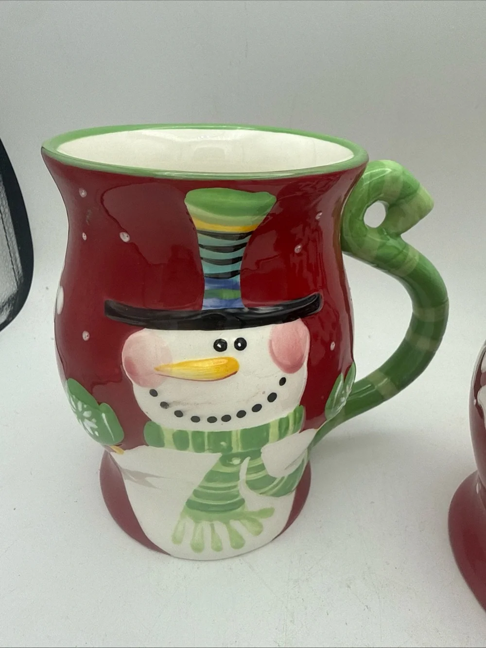 Set of 2 Pier 1 Imports handpainted Snowflake Snowman coffee Cocoa Mug